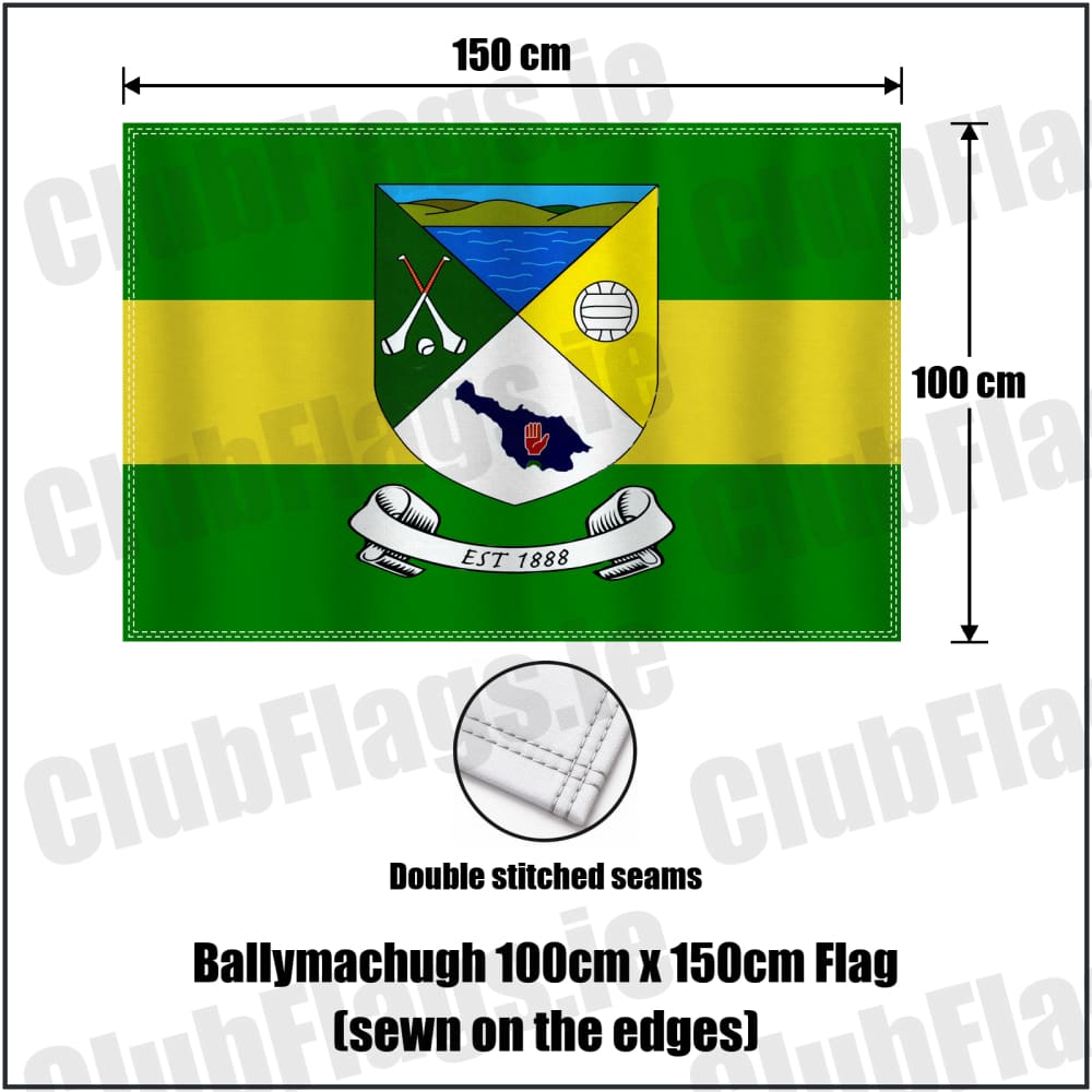 Ballymachugh 100cm x 150cm Flag (sewn on the edges) in green and yellow, featuring the club crest on realistic fabric with gentle vertical folds; County Cavan GAA. ClubFlags.ie.