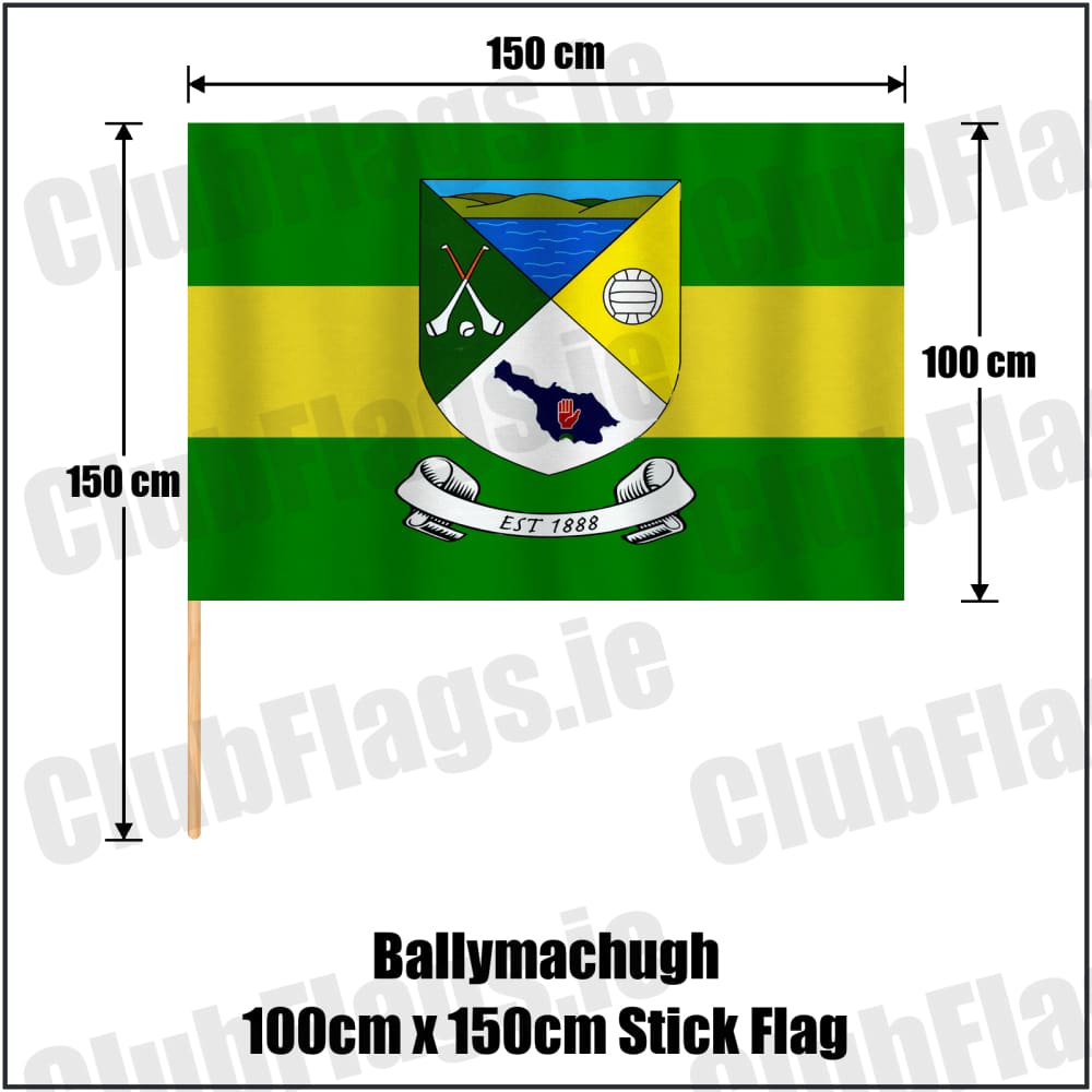 Ballymachugh 100cm x 150cm Stick Flag in green and yellow, featuring the club crest on realistic fabric with gentle vertical folds; County Cavan GAA. ClubFlags.ie.