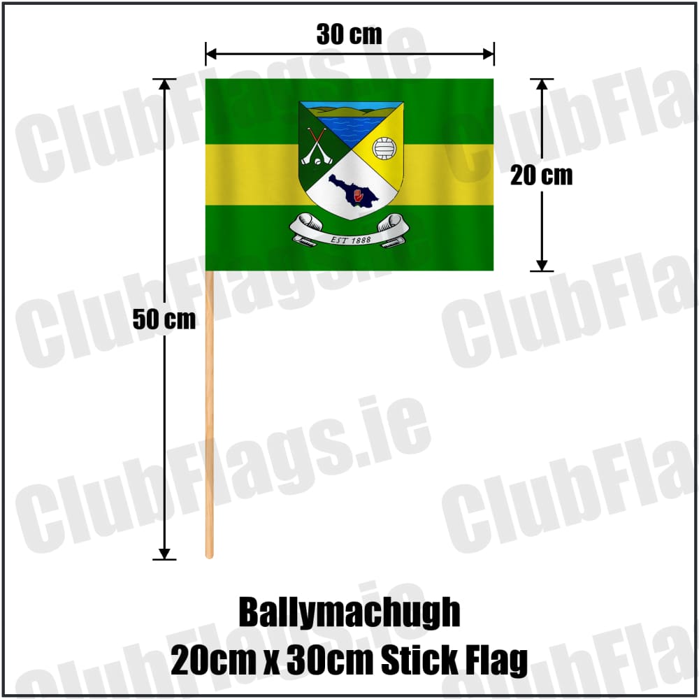 Ballymachugh 20cm x 30cm Stick Flag in green and yellow, featuring the club crest on realistic fabric with gentle vertical folds; County Cavan GAA. ClubFlags.ie.