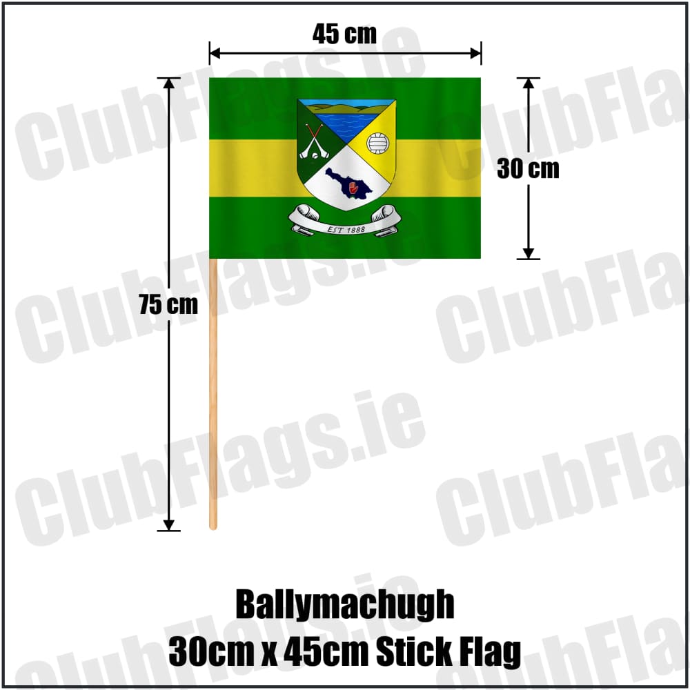 Ballymachugh 30cm x 45cm Stick Flag in green and yellow, featuring the club crest on realistic fabric with gentle vertical folds; County Cavan GAA. ClubFlags.ie.