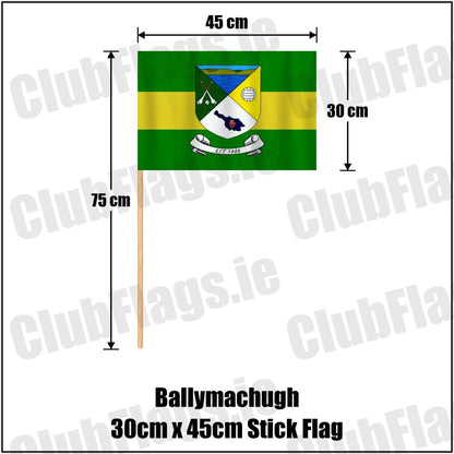 Ballymachugh 30cm x 45cm Stick Flag in green and yellow, featuring the club crest on realistic fabric with gentle vertical folds; County Cavan GAA. ClubFlags.ie.