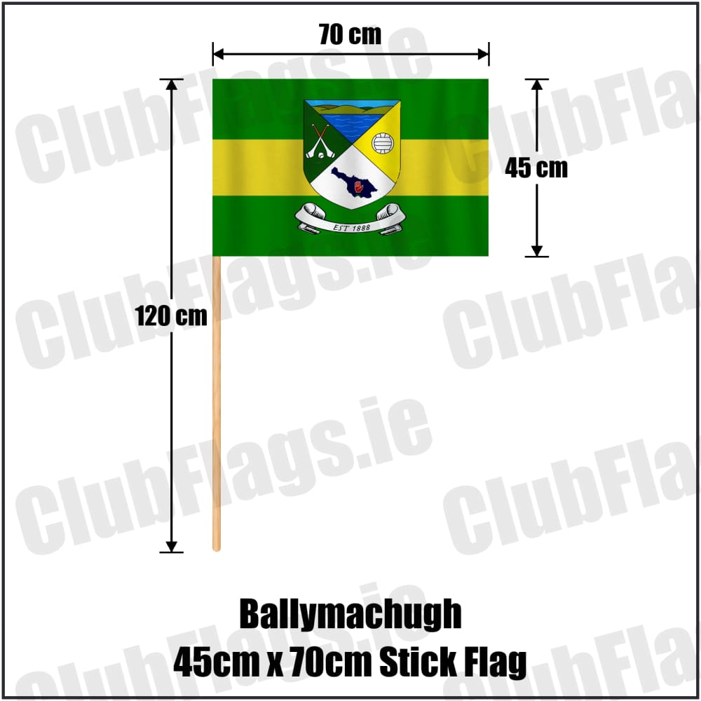 Ballymachugh 45cm x 70cm Stick Flag in green and yellow, featuring the club crest on realistic fabric with gentle vertical folds; County Cavan GAA. ClubFlags.ie.