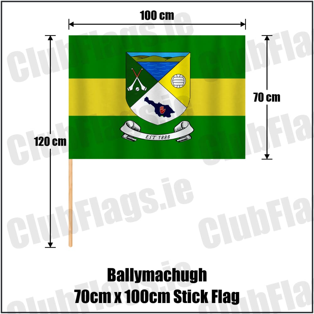 Ballymachugh 70cm x 100cm Stick Flag in green and yellow, featuring the club crest on realistic fabric with gentle vertical folds; County Cavan GAA. ClubFlags.ie.