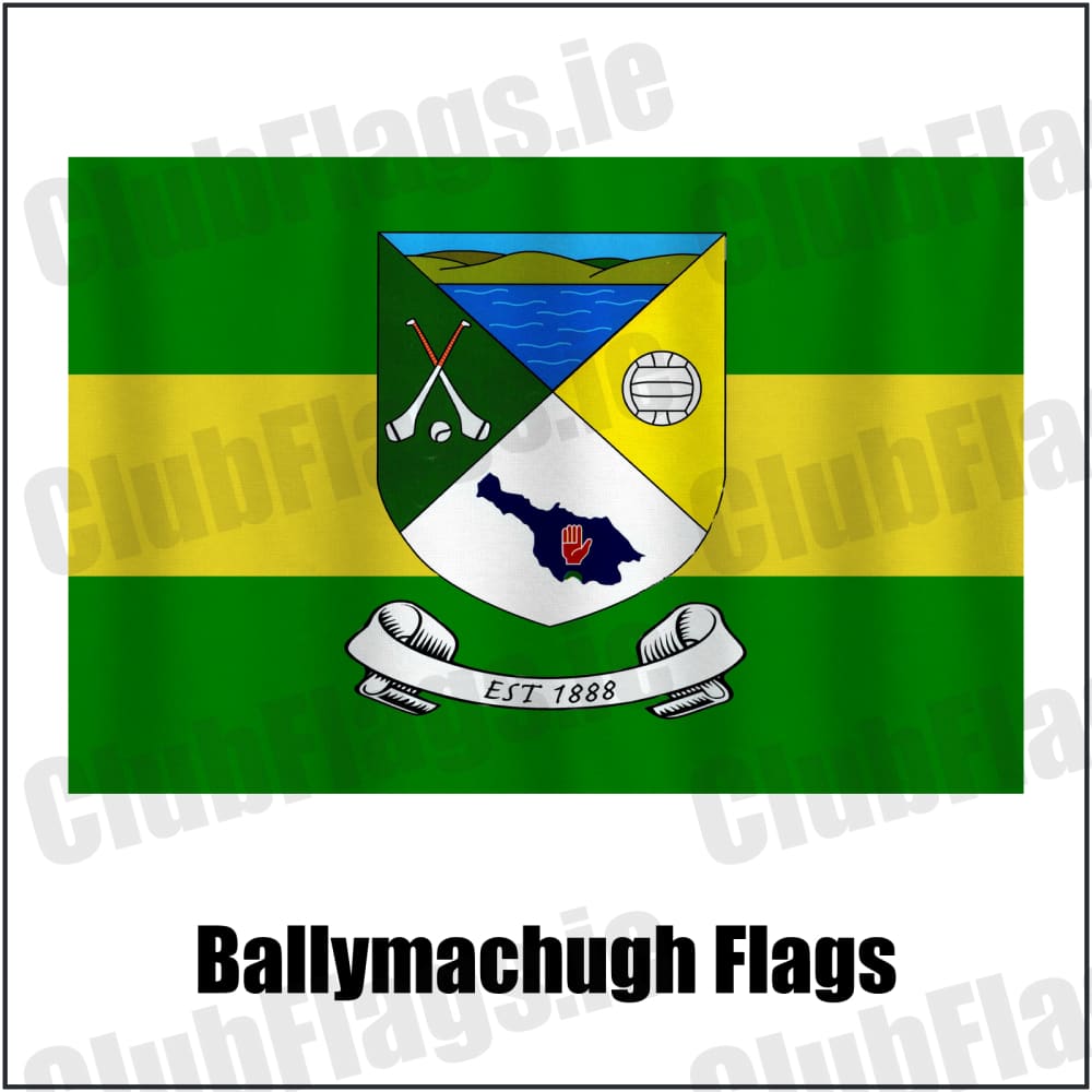 Ballymachugh Flags in green and yellow, featuring the club crest on realistic fabric with gentle vertical folds; County Cavan GAA. ClubFlags.ie.