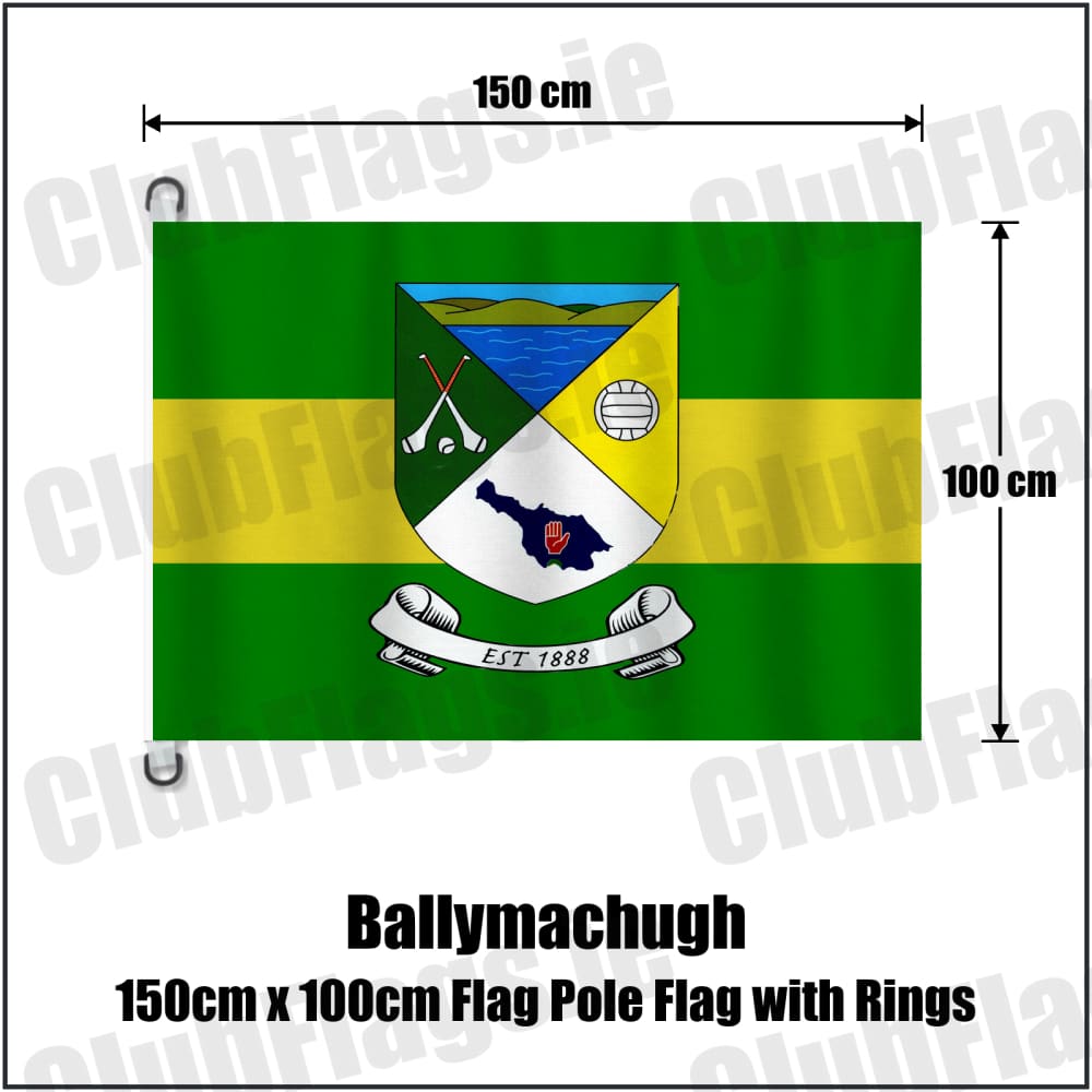 Ballymachugh 150cm x 100cm Flag Pole Flag with Rings in green and yellow, featuring the club crest on realistic fabric with gentle vertical folds; County Cavan GAA. ClubFlags.ie.