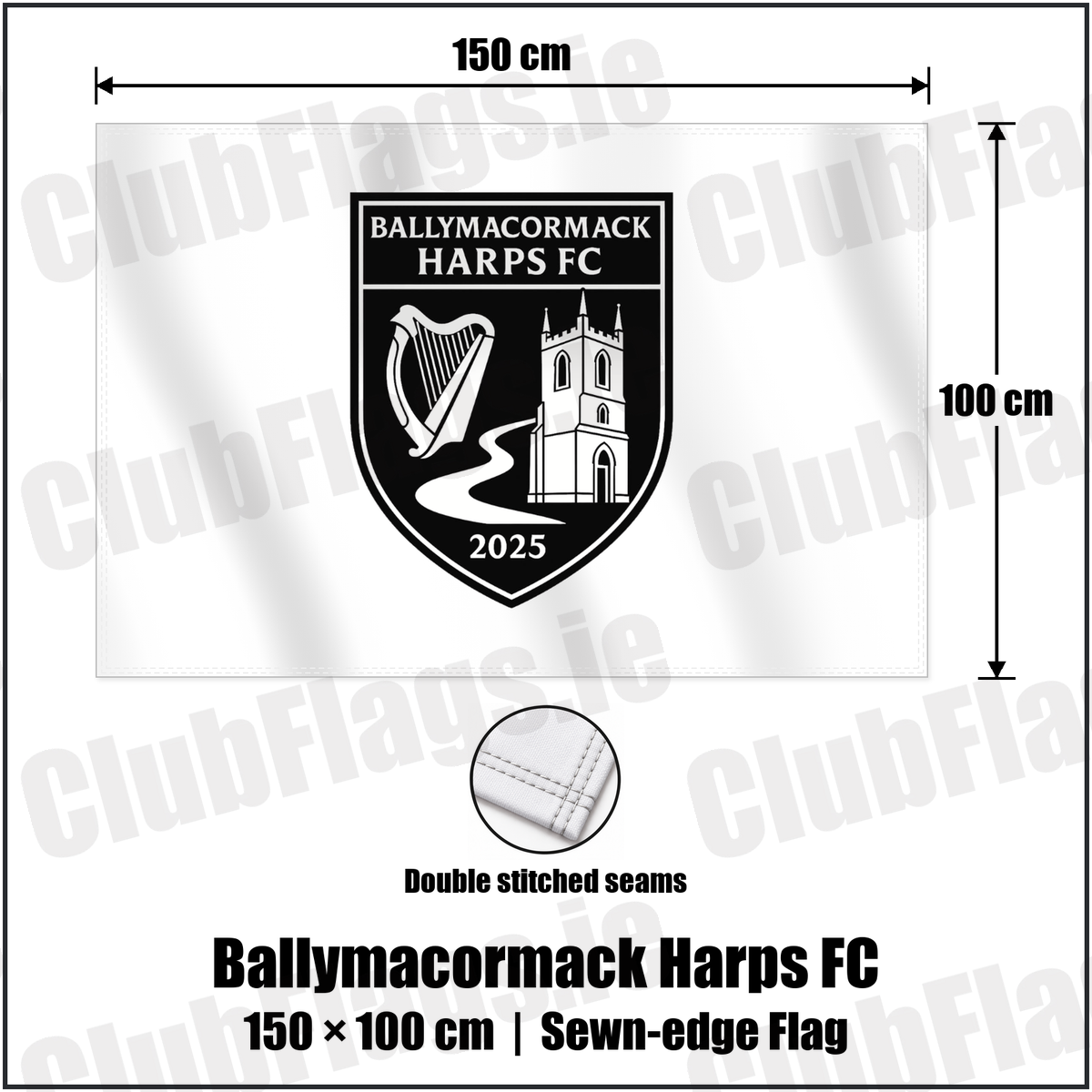 Ballymacormack Harps FC 100cm x 150cm Flag (sewn on the edges) with the club crest and colours, Longford Football - ClubFlags.ie