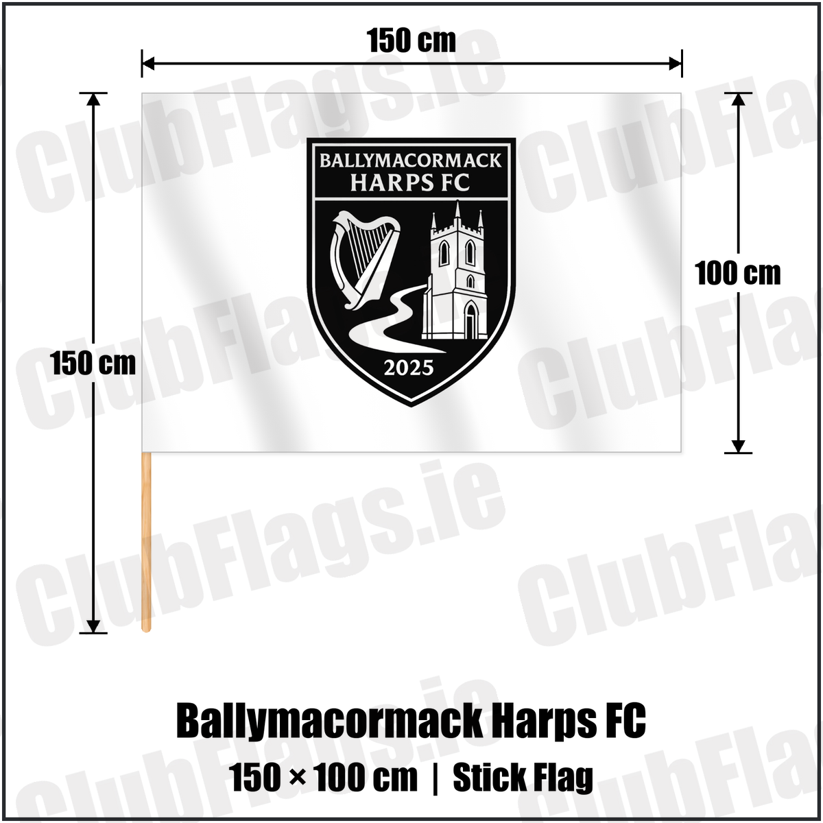 Ballymacormack Harps FC 100cm x 150cm Stick Flag with the club crest and colours, Longford Football - ClubFlags.ie