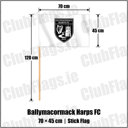 Ballymacormack Harps FC 45cm x 70cm Stick Flag with the club crest and colours, Longford Football - ClubFlags.ie