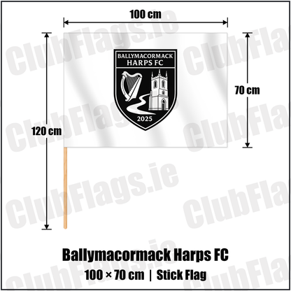 Ballymacormack Harps FC 70cm x 100cm Stick Flag with the club crest and colours, Longford Football - ClubFlags.ie