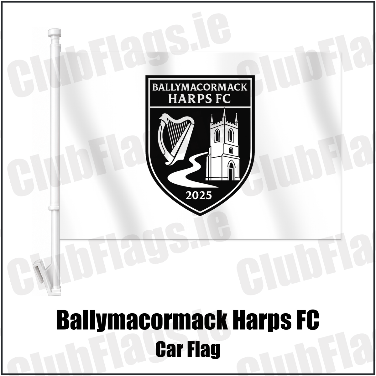 Ballymacormack Harps FC Car Flag with the club crest and colours, Longford Football - ClubFlags.ie