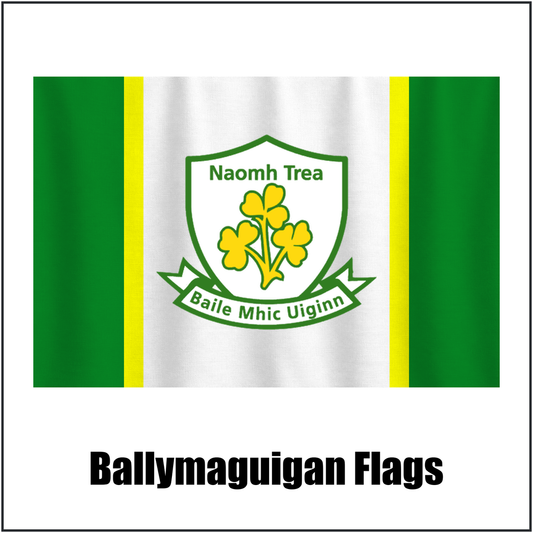 Ballymaguigan Flags, featuring the club crest and green and white and gold colours; County Derry GAA. ClubFlags.ie.