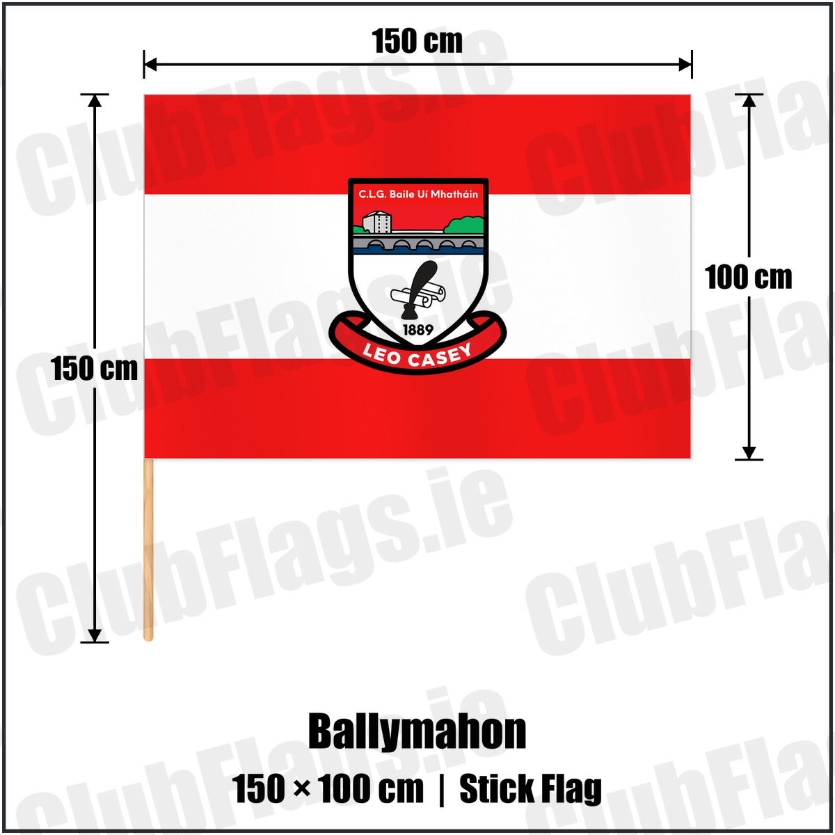 Ballymahon 100cm x 150cm Stick Flag with the club crest and colours, Longford GAA - ClubFlags.ie