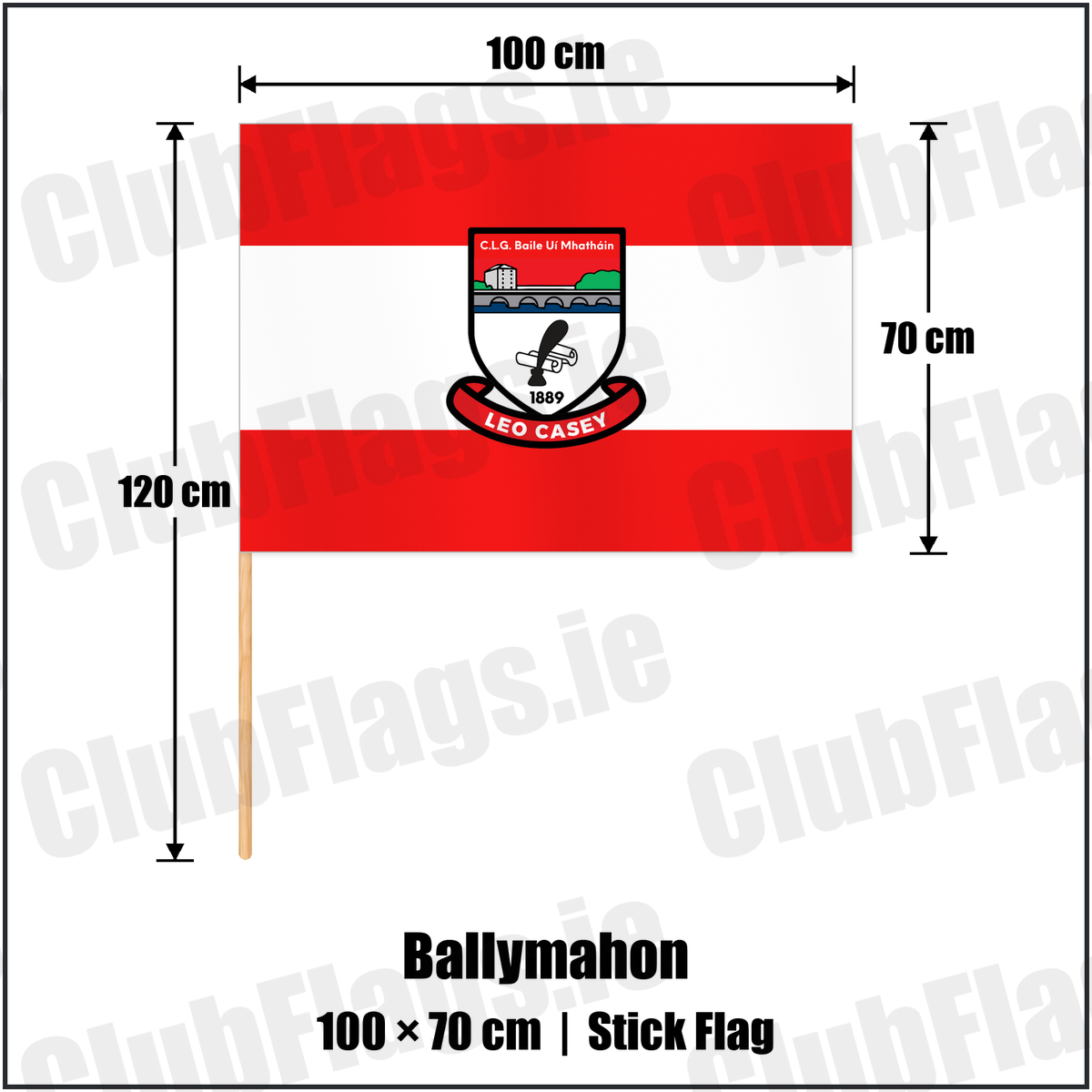 Ballymahon 70cm x 100cm Stick Flag with the club crest and colours, Longford GAA - ClubFlags.ie