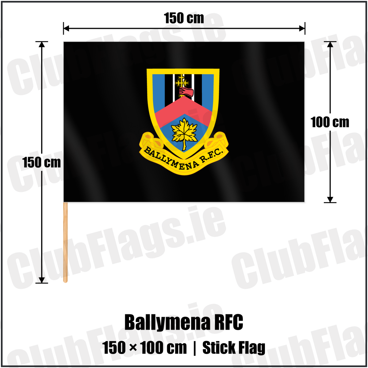 Ballymena RFC 100cm x 150cm Stick Flag with the club crest and colours, Antrim Rugby - ClubFlags.ie