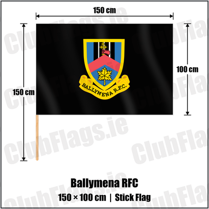 Ballymena RFC 100cm x 150cm Stick Flag with the club crest and colours, Antrim Rugby - ClubFlags.ie
