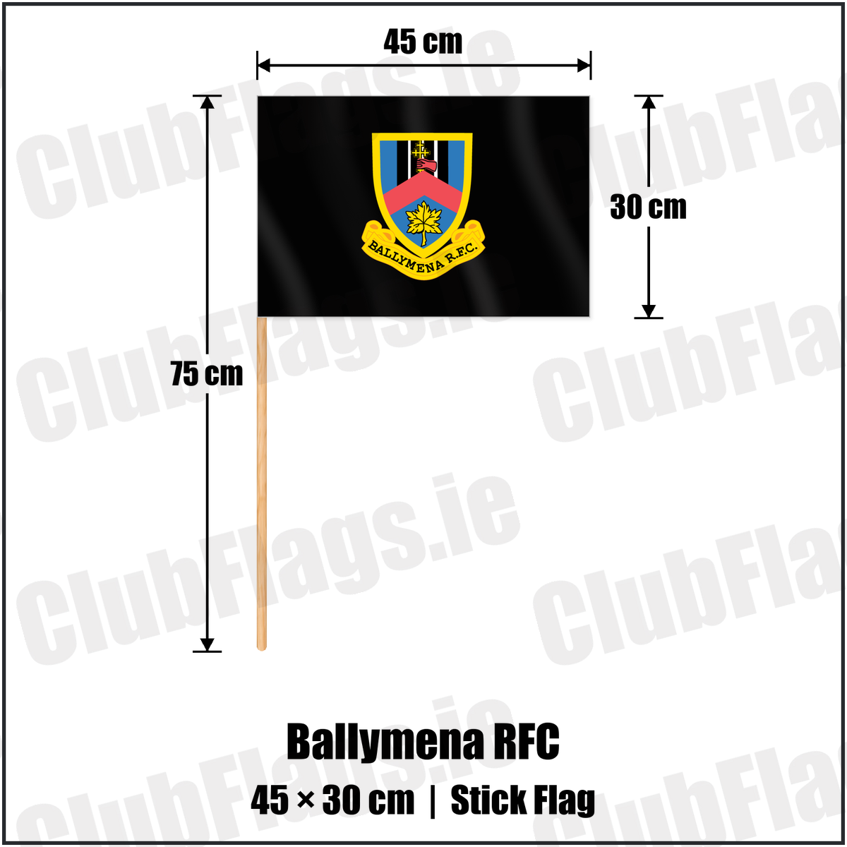 Ballymena RFC 30cm x 45cm Stick Flag with the club crest and colours, Antrim Rugby - ClubFlags.ie