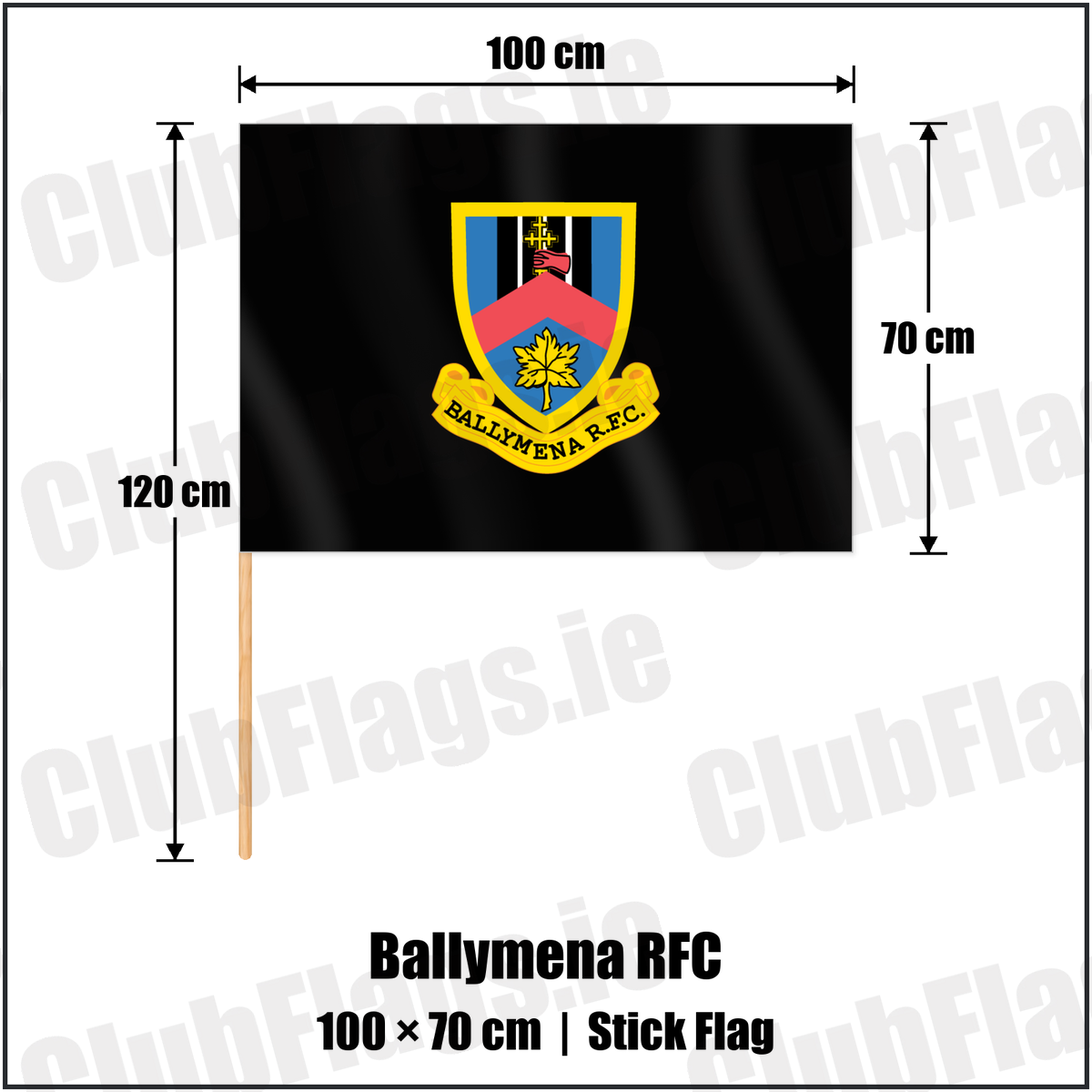 Ballymena RFC 70cm x 100cm Stick Flag with the club crest and colours, Antrim Rugby - ClubFlags.ie