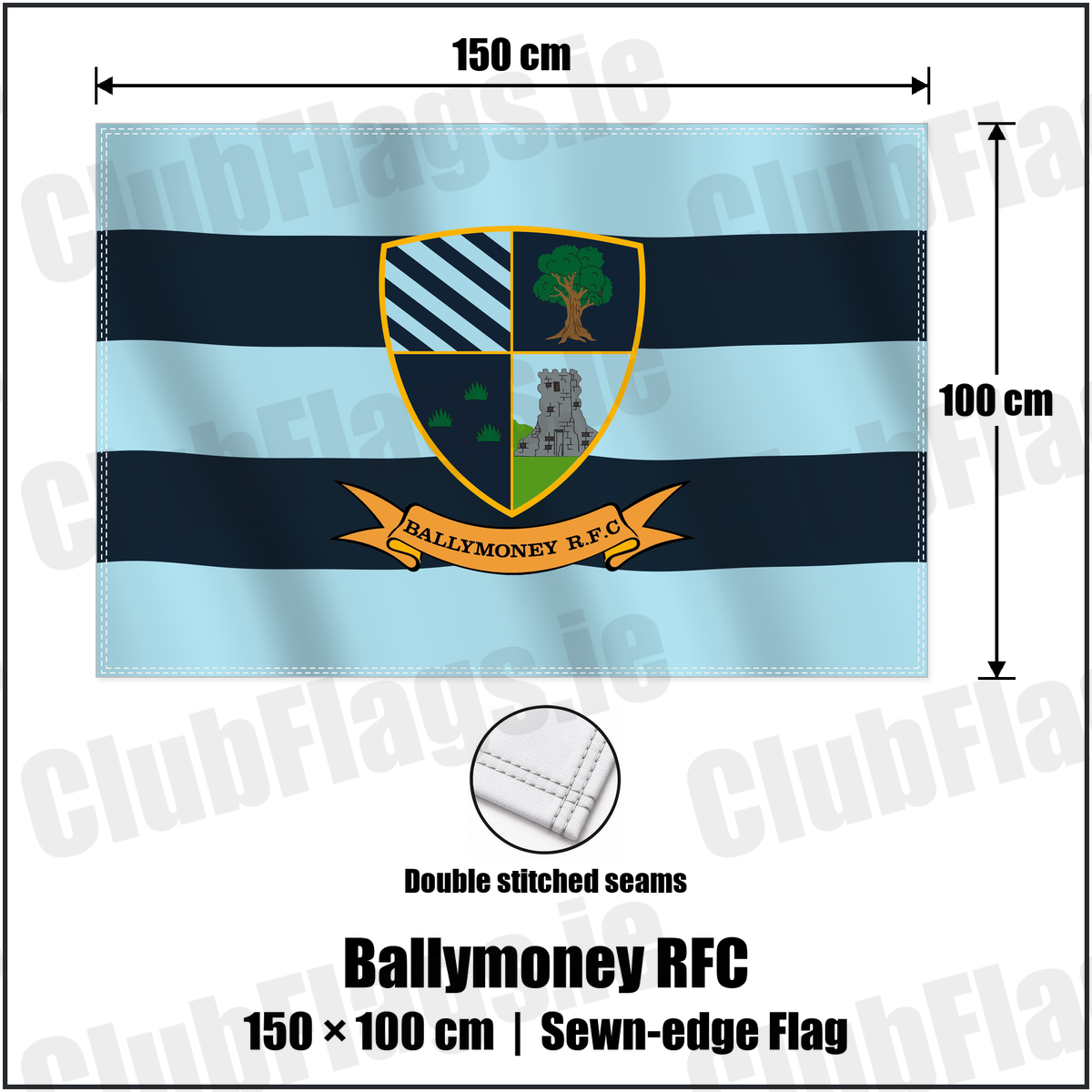 Ballymoney RFC 100cm x 150cm Flag (sewn on the edges) with the club crest and colours, Antrim Rugby - ClubFlags.ie