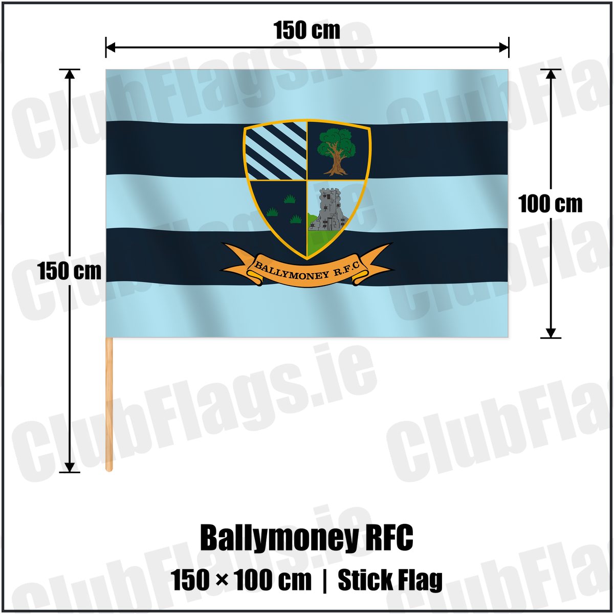 Ballymoney RFC 100cm x 150cm Stick Flag with the club crest and colours, Antrim Rugby - ClubFlags.ie