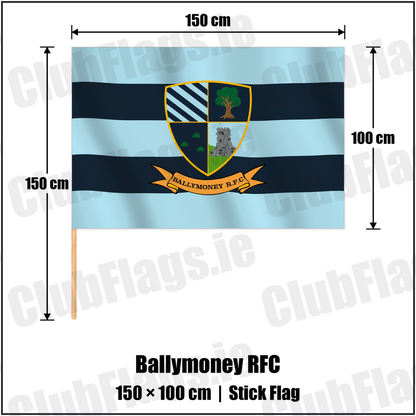 Ballymoney RFC 100cm x 150cm Stick Flag with the club crest and colours, Antrim Rugby - ClubFlags.ie
