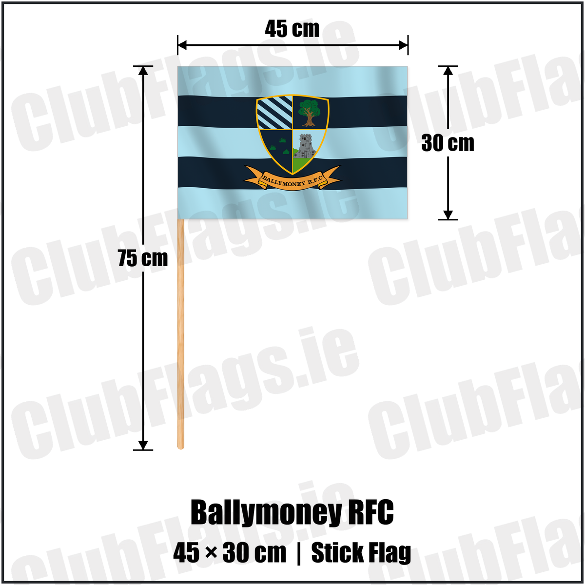 Ballymoney RFC 30cm x 45cm Stick Flag with the club crest and colours, Antrim Rugby - ClubFlags.ie