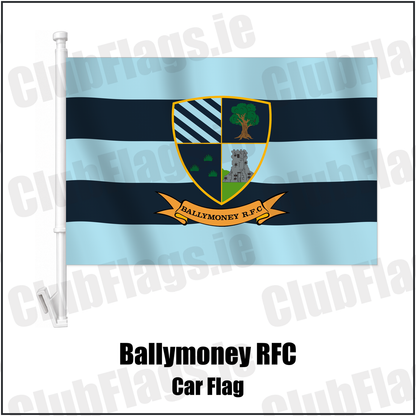 Ballymoney RFC Car Flag with the club crest and colours, Antrim Rugby - ClubFlags.ie