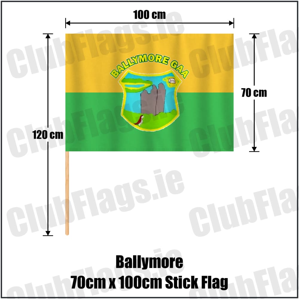 Ballymore 70cm x 100cm Stick Flag in green and gold, featuring the club crest on realistic fabric with gentle vertical folds; County Westmeath GAA. ClubFlags.ie.