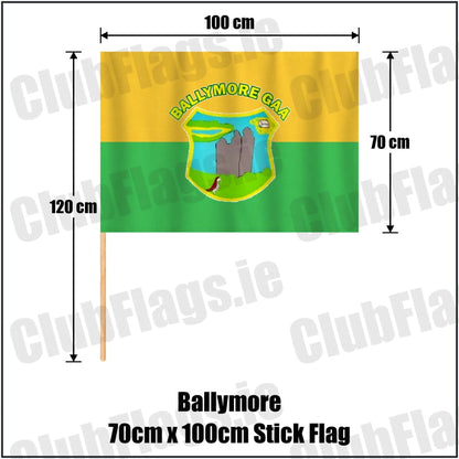 Ballymore 70cm x 100cm Stick Flag in green and gold, featuring the club crest on realistic fabric with gentle vertical folds; County Westmeath GAA. ClubFlags.ie.