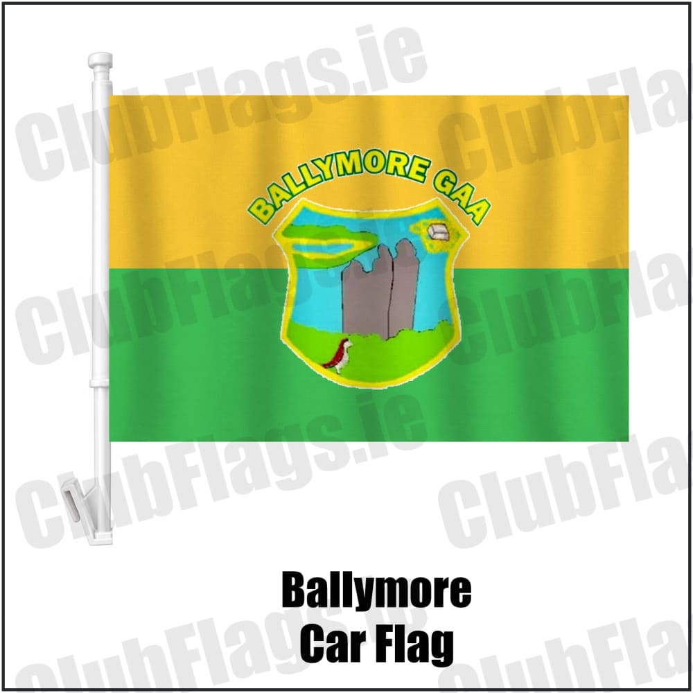 Ballymore Car Flag in green and gold, featuring the club crest on realistic fabric with gentle vertical folds; County Westmeath GAA. ClubFlags.ie.
