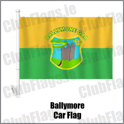 Ballymore Car Flag in green and gold, featuring the club crest on realistic fabric with gentle vertical folds; County Westmeath GAA. ClubFlags.ie.