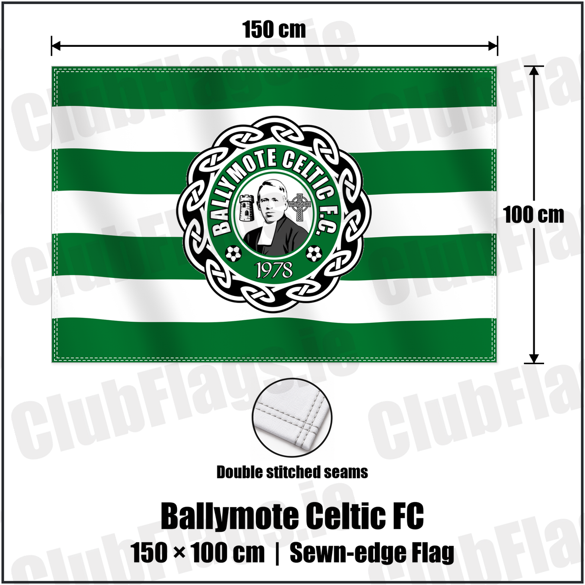 Ballymote Celtic FC 100cm x 150cm Flag (sewn on the edges) with the club crest and colours, Sligo Football - ClubFlags.ie