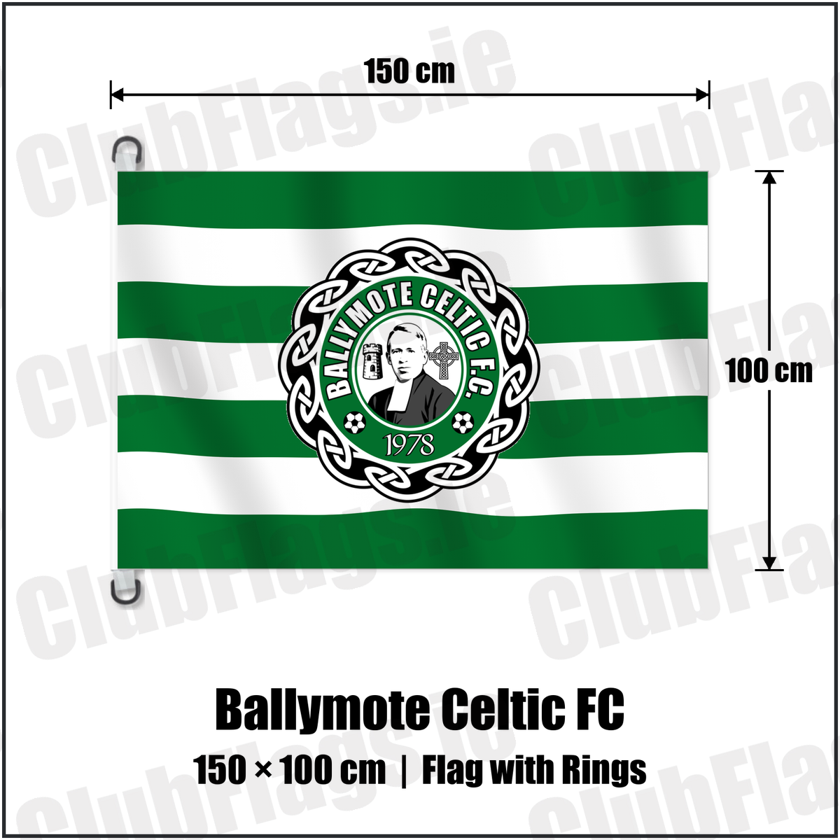 Ballymote Celtic FC 150cm x 100cm Flag Pole Flag with Rings with the club crest and colours, Sligo Football - ClubFlags.ie