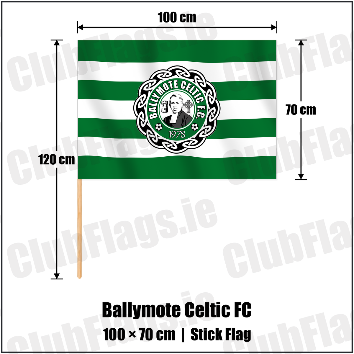 Ballymote Celtic FC 70cm x 100cm Stick Flag with the club crest and colours, Sligo Football - ClubFlags.ie