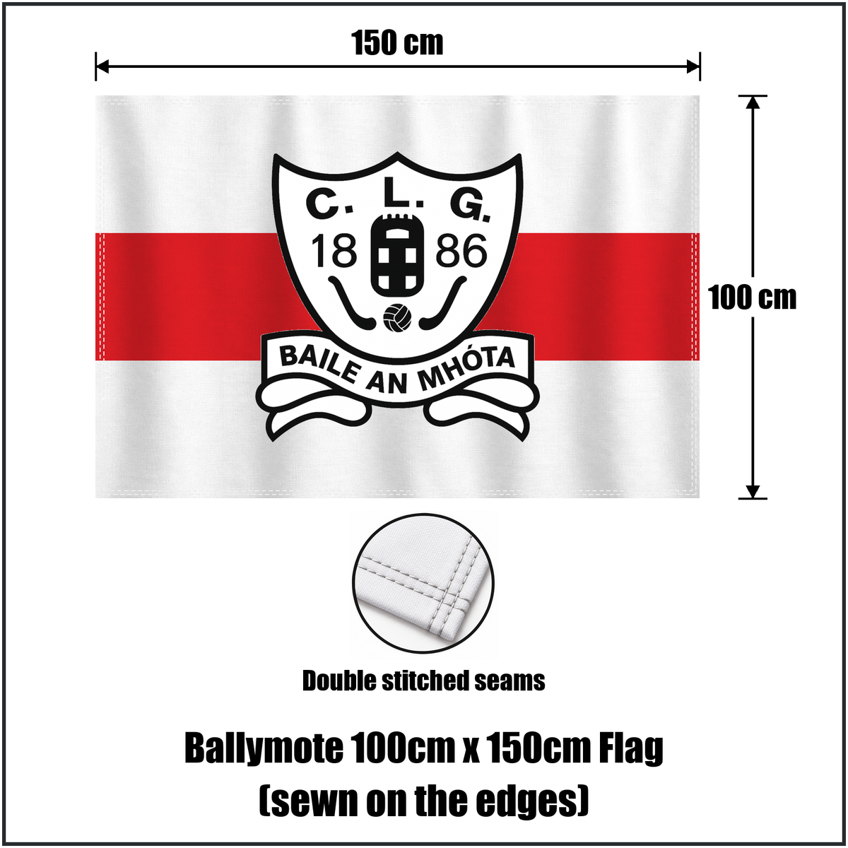 Ballymote 100cm x 150cm Flag (sewn on the edges), featuring the club crest and white and red colours; County Sligo GAA. ClubFlags.ie.