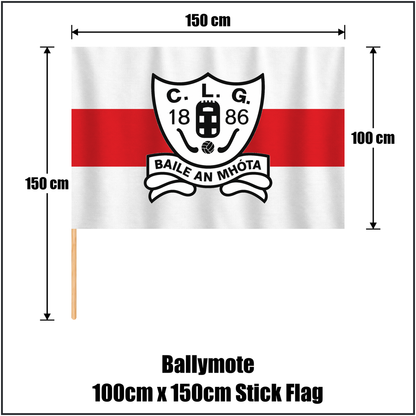 Ballymote 100cm x 150cm Stick Flag, featuring the club crest and white and red colours; County Sligo GAA. ClubFlags.ie.