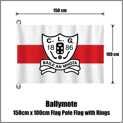 Ballymote 150cm x 100cm Flag Pole Flag with Rings, featuring the club crest and white and red colours; County Sligo GAA. ClubFlags.ie.