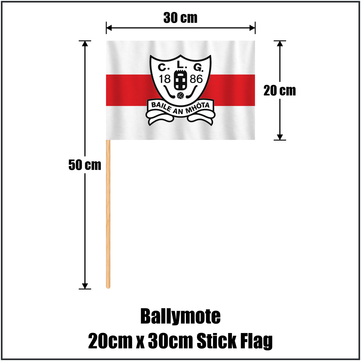 Ballymote 20cm x 30cm Stick Flag, featuring the club crest and white and red colours; County Sligo GAA. ClubFlags.ie.