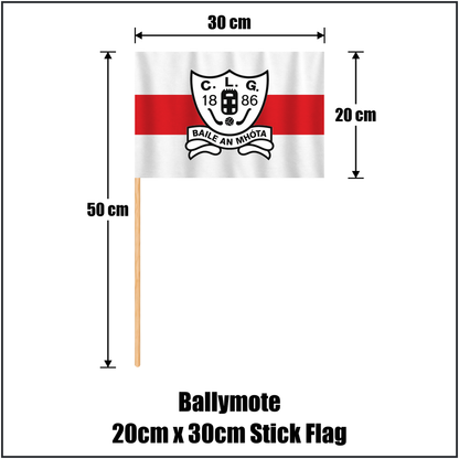Ballymote 20cm x 30cm Stick Flag, featuring the club crest and white and red colours; County Sligo GAA. ClubFlags.ie.