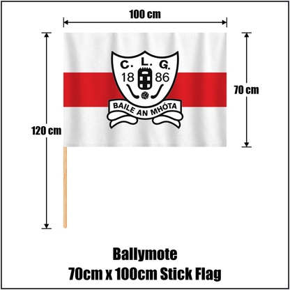 Ballymote 70cm x 100cm Stick Flag, featuring the club crest and white and red colours; County Sligo GAA. ClubFlags.ie.