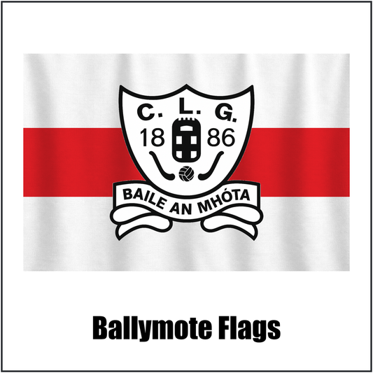 Ballymote Flags, featuring the club crest and white and red colours; County Sligo GAA. ClubFlags.ie.