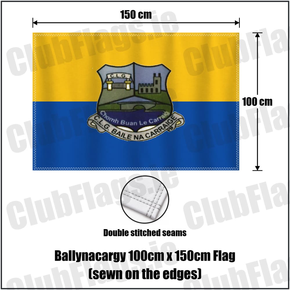 Ballynacargy 100cm x 150cm Flag (sewn on the edges) in blue and gold, featuring the club crest on realistic fabric with gentle vertical folds; County Westmeath GAA. ClubFlags.ie.