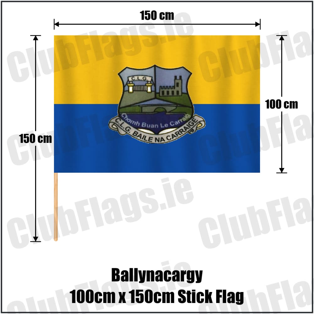 Ballynacargy 100cm x 150cm Stick Flag in blue and gold, featuring the club crest on realistic fabric with gentle vertical folds; County Westmeath GAA. ClubFlags.ie.