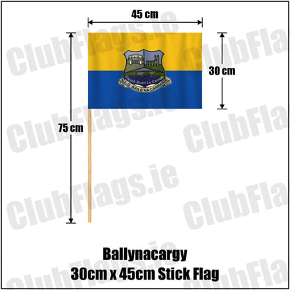 Ballynacargy 30cm x 45cm Stick Flag in blue and gold, featuring the club crest on realistic fabric with gentle vertical folds; County Westmeath GAA. ClubFlags.ie.