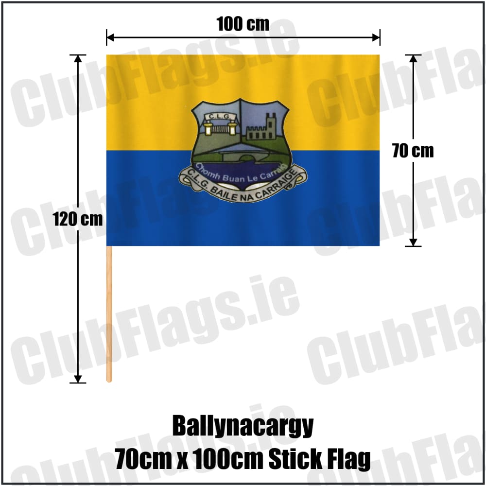 Ballynacargy 70cm x 100cm Stick Flag in blue and gold, featuring the club crest on realistic fabric with gentle vertical folds; County Westmeath GAA. ClubFlags.ie.