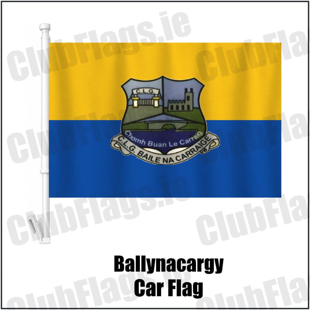 Ballynacargy Car Flag in blue and gold, featuring the club crest on realistic fabric with gentle vertical folds; County Westmeath GAA. ClubFlags.ie.