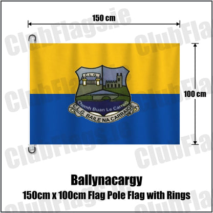 Ballynacargy 150cm x 100cm Flag Pole Flag with Rings in blue and gold, featuring the club crest on realistic fabric with gentle vertical folds; County Westmeath GAA. ClubFlags.ie.