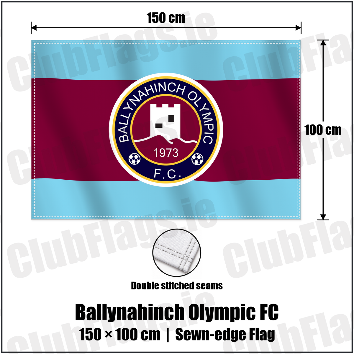 Ballynahinch Olympic FC 100cm x 150cm Flag (sewn on the edges) with the club crest and colours, Down Football - ClubFlags.ie