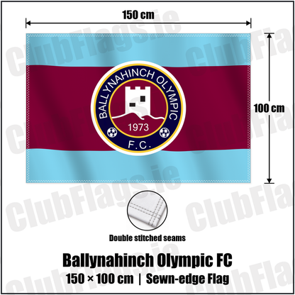 Ballynahinch Olympic FC 100cm x 150cm Flag (sewn on the edges) with the club crest and colours, Down Football - ClubFlags.ie