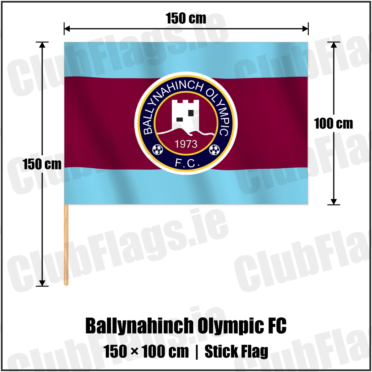 Ballynahinch Olympic FC 100cm x 150cm Stick Flag with the club crest and colours, Down Football - ClubFlags.ie