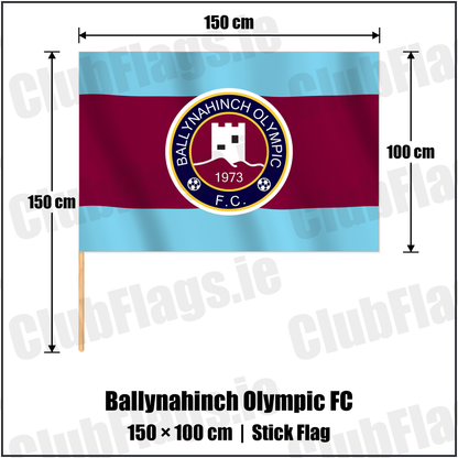 Ballynahinch Olympic FC 100cm x 150cm Stick Flag with the club crest and colours, Down Football - ClubFlags.ie